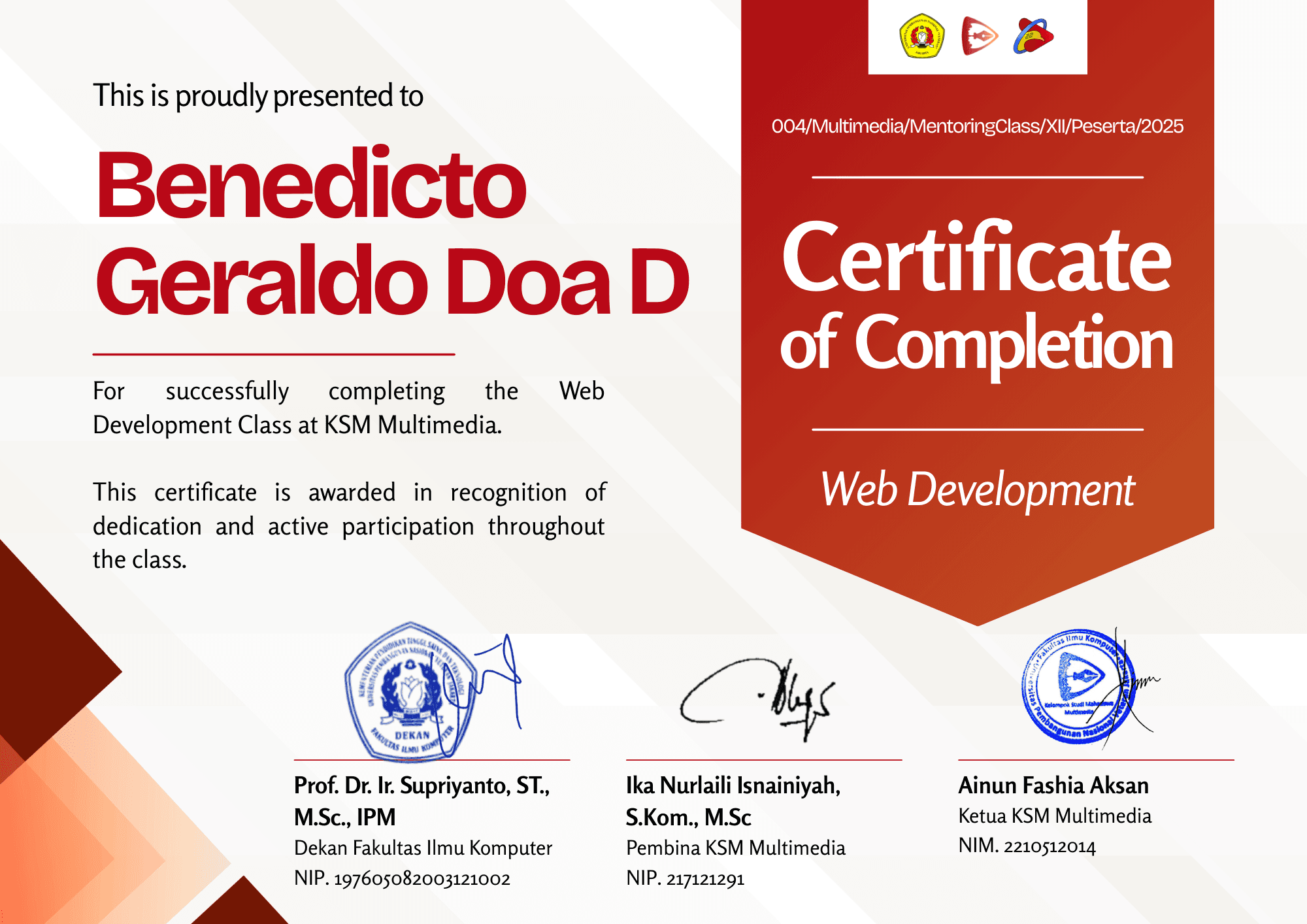 Certificate of Completion Web Development Multimedia